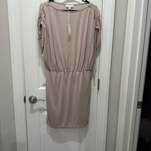 She + Sky Taupe Ruched Sleeve Midi Dress